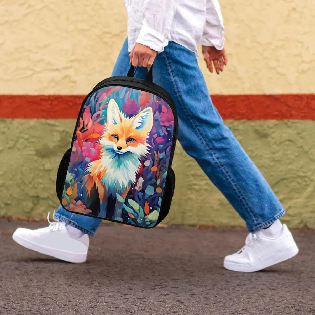 Cool Fire Ice Wolf Printed School Backpacks for Boys Girls Casual Lightweight Daypack Bookbag Travel Knapsack,Floral Fox