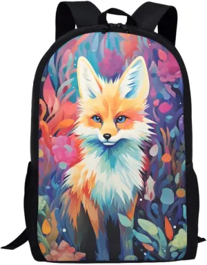 Cool Fire Ice Wolf Printed School Backpacks for Boys Girls Casual Lightweight Daypack Bookbag Travel Knapsack,Floral Fox