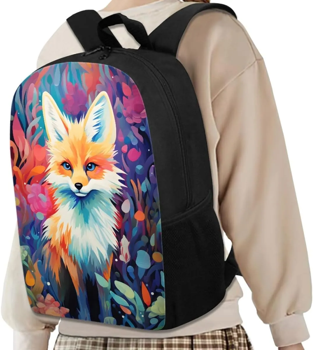 Cool Fire Ice Wolf Printed School Backpacks for Boys Girls Casual Lightweight Daypack Bookbag Travel Knapsack,Floral Fox
