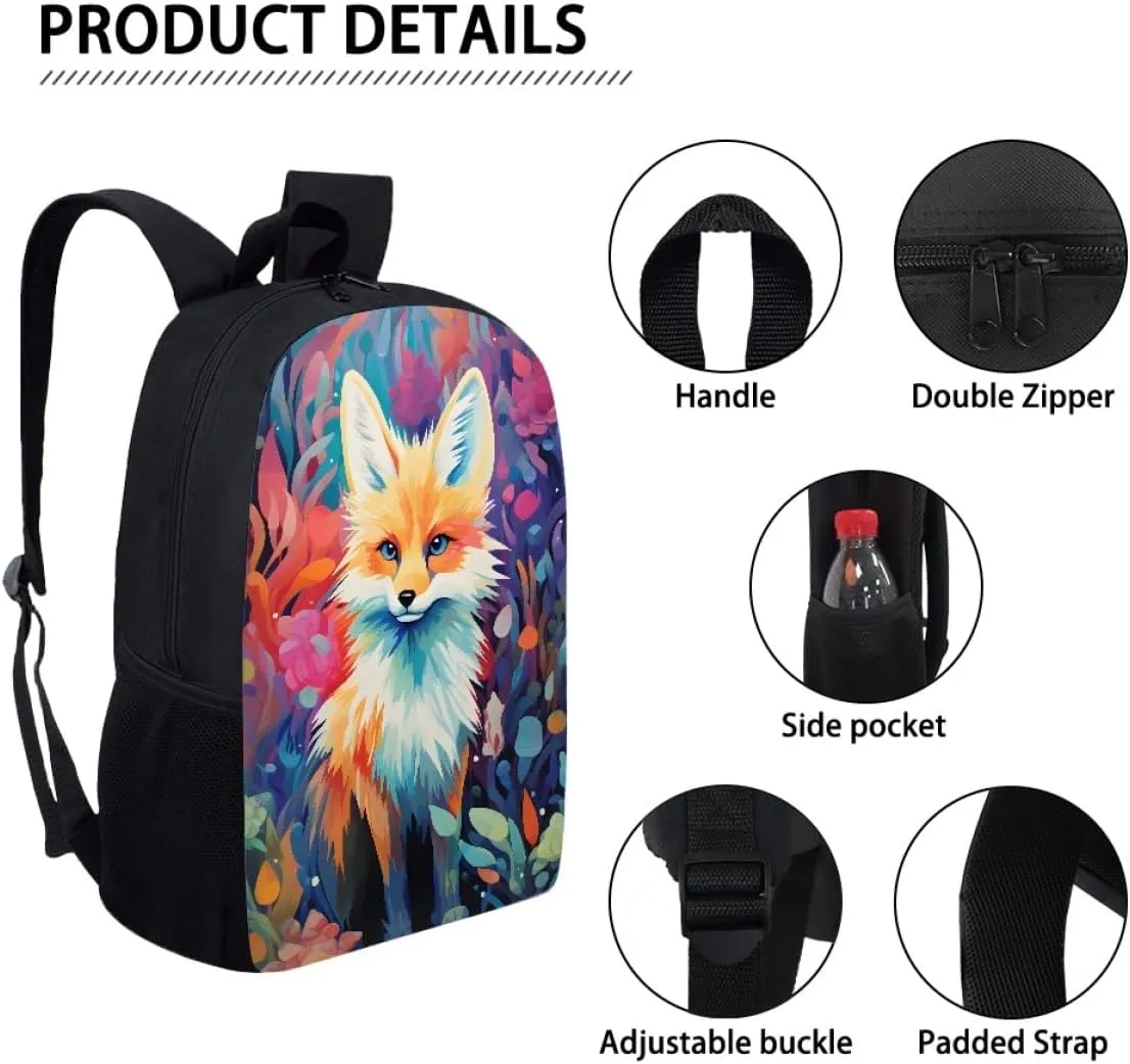 Cool Fire Ice Wolf Printed School Backpacks for Boys Girls Casual Lightweight Daypack Bookbag Travel Knapsack,Floral Fox