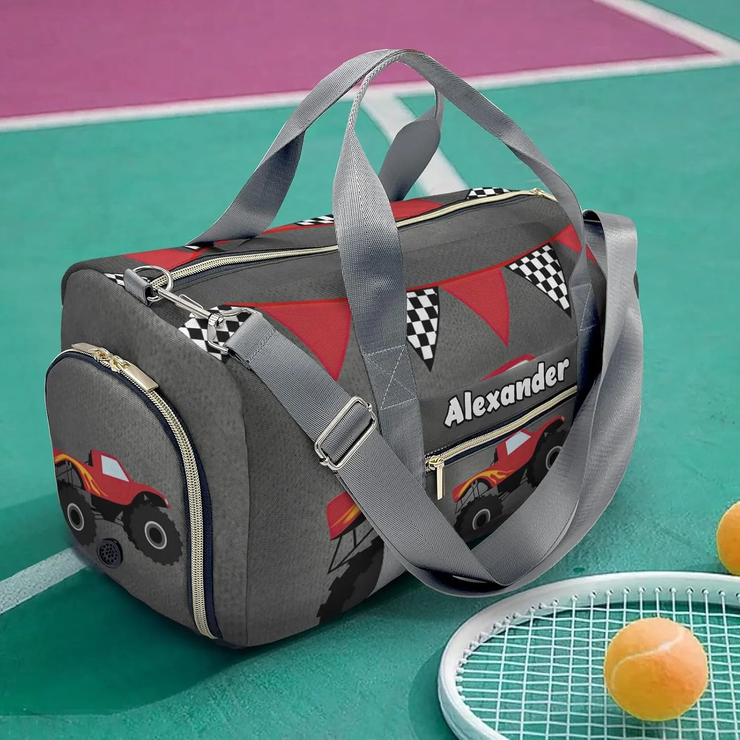 Cool Monster Truck Gray Personalized Gym Dance Bag for Girls Boys,Custom Name Sport Duffel Bag Weekender Bags Carry On Travel Duffel Bag
