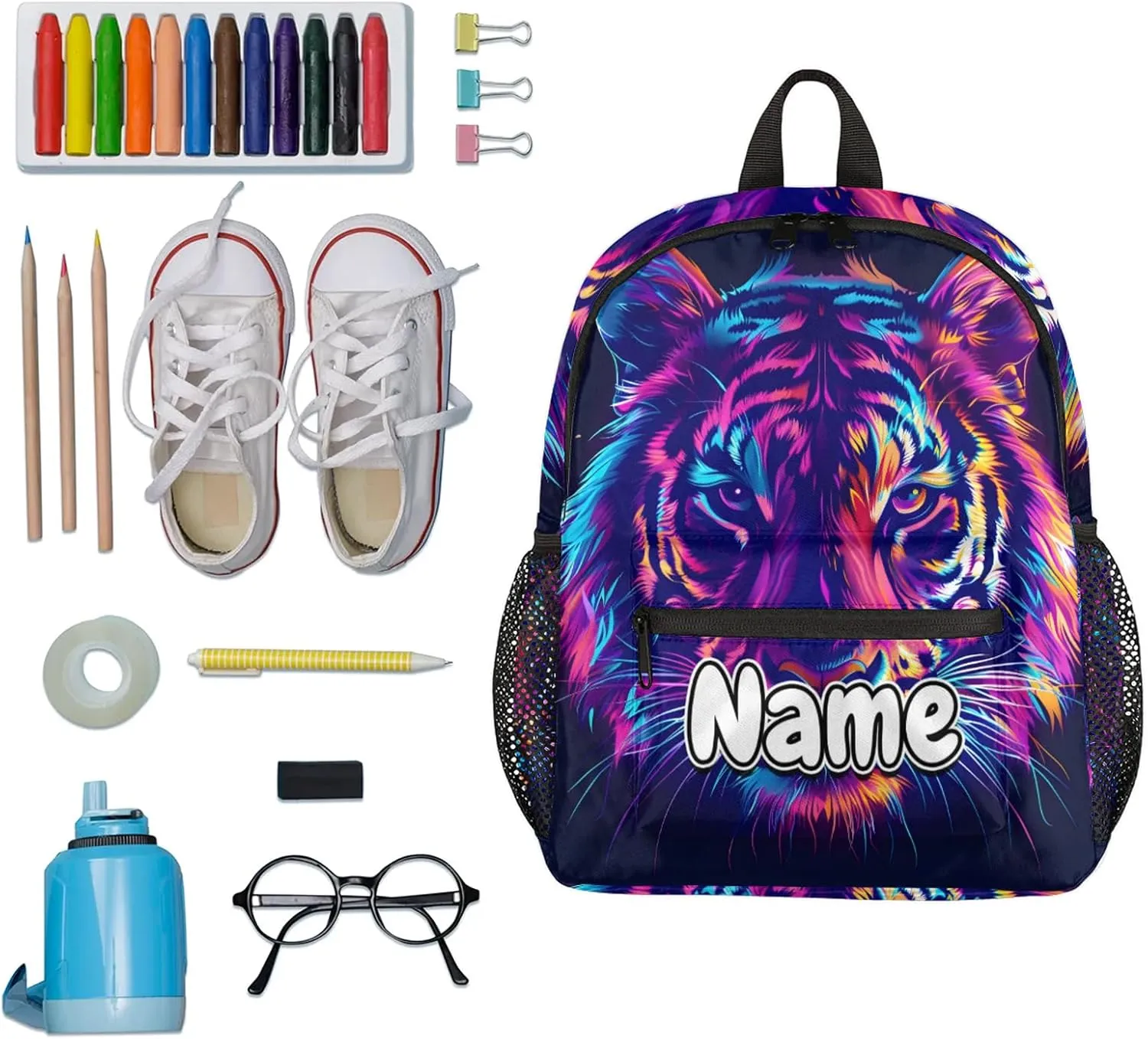 Cool Tiger Personalized Backpack Bag with Name Lightweight Custom Shoulder Bags Waterproof Casual Backpacks Travel Laptop Bag for Work Picnic 12in