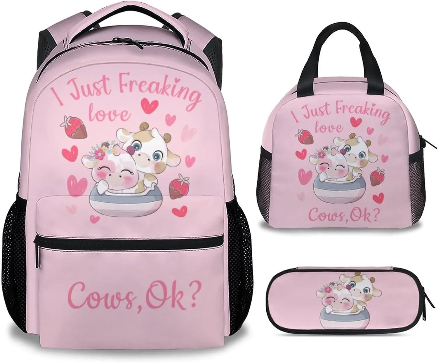 Cow Backpack with Lunch Box Set for Girls - 3 in 1 Primary Middle School Backpacks Matching Combo - Large Capacity, Durable, Lightweight, Pink Bookbag and Pencil Case Bundle