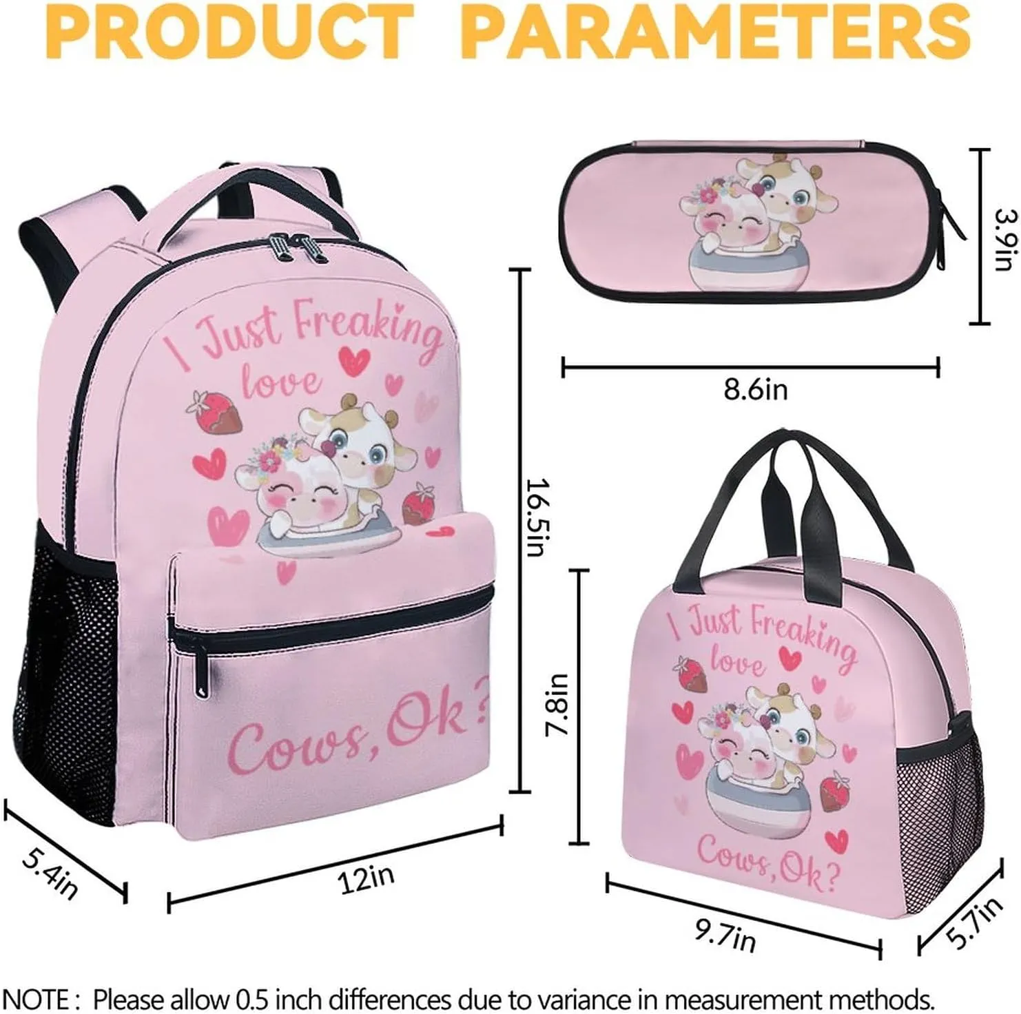 Cow Backpack with Lunch Box Set for Girls - 3 in 1 Primary Middle School Backpacks Matching Combo - Large Capacity, Durable, Lightweight, Pink Bookbag and Pencil Case Bundle