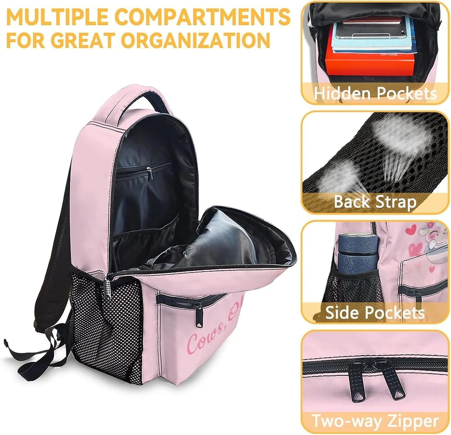 Cow Backpack with Lunch Box Set for Girls - 3 in 1 Primary Middle School Backpacks Matching Combo - Large Capacity, Durable, Lightweight, Pink Bookbag and Pencil Case Bundle