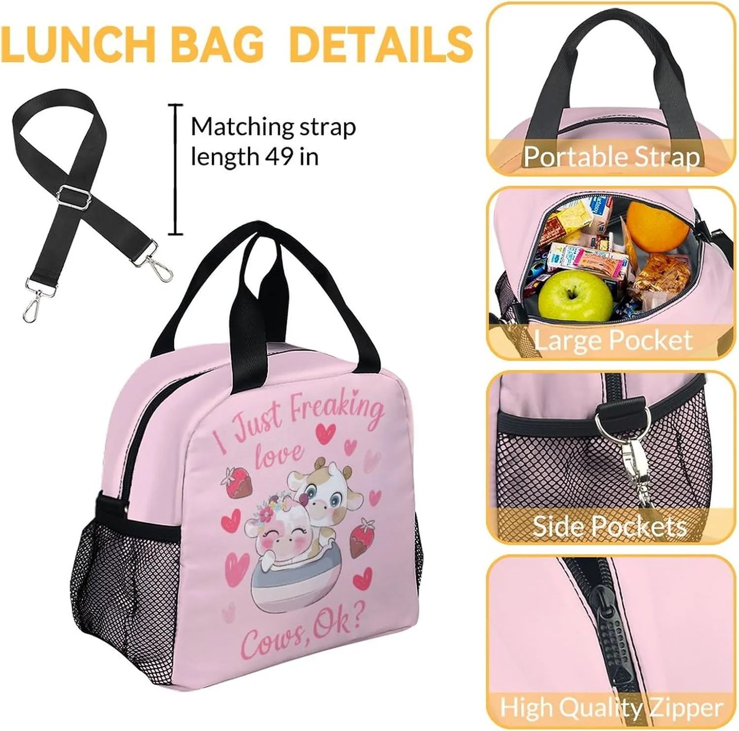 Cow Backpack with Lunch Box Set for Girls - 3 in 1 Primary Middle School Backpacks Matching Combo - Large Capacity, Durable, Lightweight, Pink Bookbag and Pencil Case Bundle
