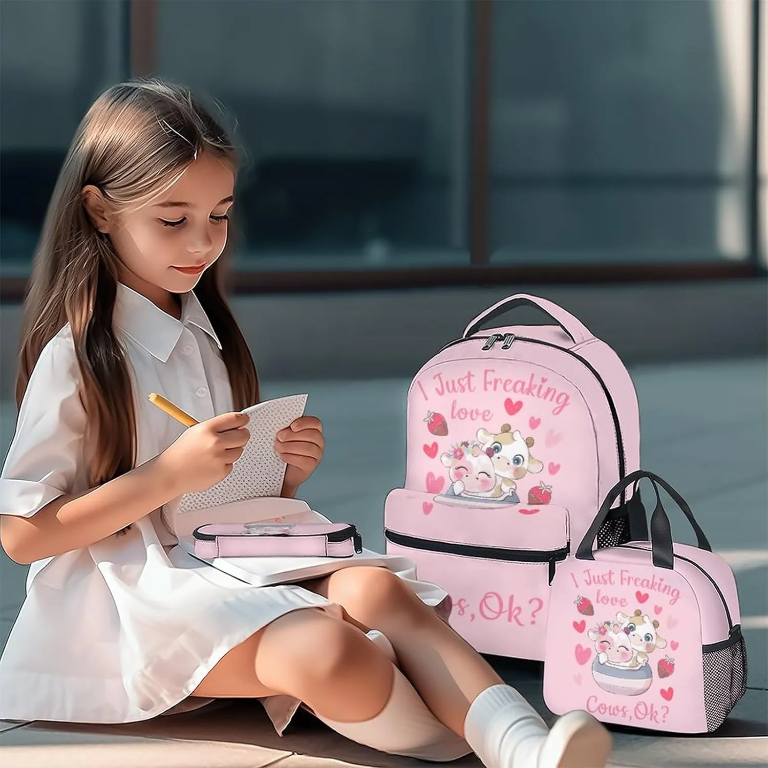 Cow Backpack with Lunch Box Set for Girls - 3 in 1 Primary Middle School Backpacks Matching Combo - Large Capacity, Durable, Lightweight, Pink Bookbag and Pencil Case Bundle
