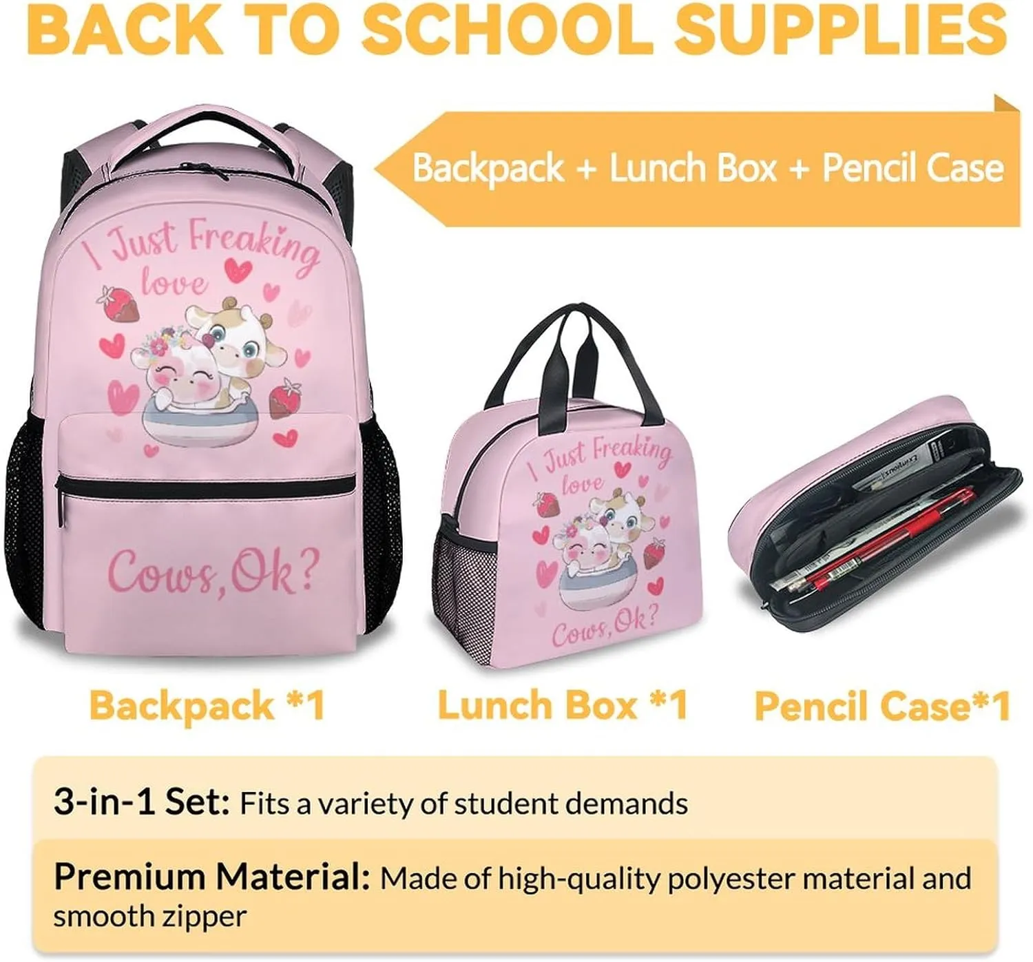Cow Backpack with Lunch Box Set for Girls - 3 in 1 Primary Middle School Backpacks Matching Combo - Large Capacity, Durable, Lightweight, Pink Bookbag and Pencil Case Bundle