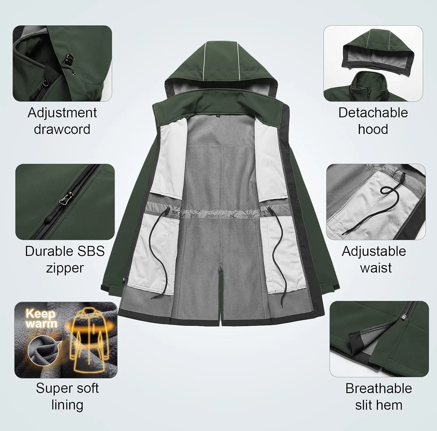 CREATMO US Women's Lightweight Waterproof Long Softshell Tactical Jacket Fleece Lined Windbreaker