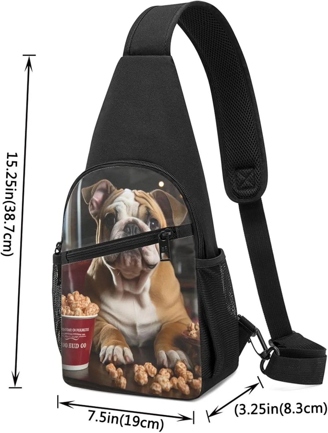 Crossbody Sling Backpack Sling Bag for Men Women Cross Chest Bag Shoulder Bag Bulldog Popcorn Travel Hiking Daypack