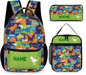 Custom 3Pcs Backpack Set with Lunch Bag Pencil Case Add Your Name Personalized School Book Bags Customization Colorful Dinosaur Roar Backpack for Girls Boys Teens