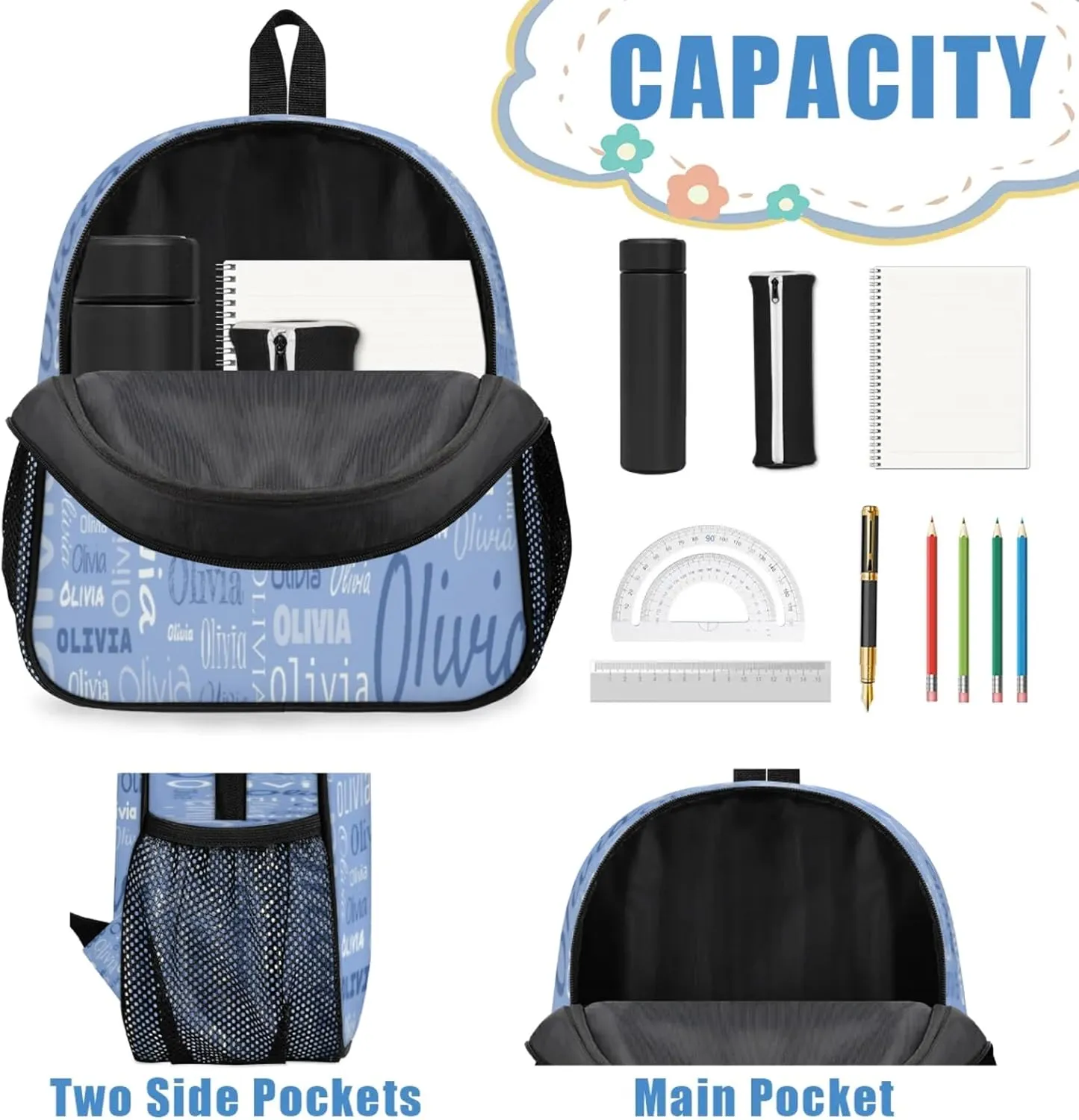 Custom Backpack Bag for Women Men, Waterproof Personalized Casual Backpacks with Name, Blue Background Custom Daypack with Adjustable Shoulder Straps