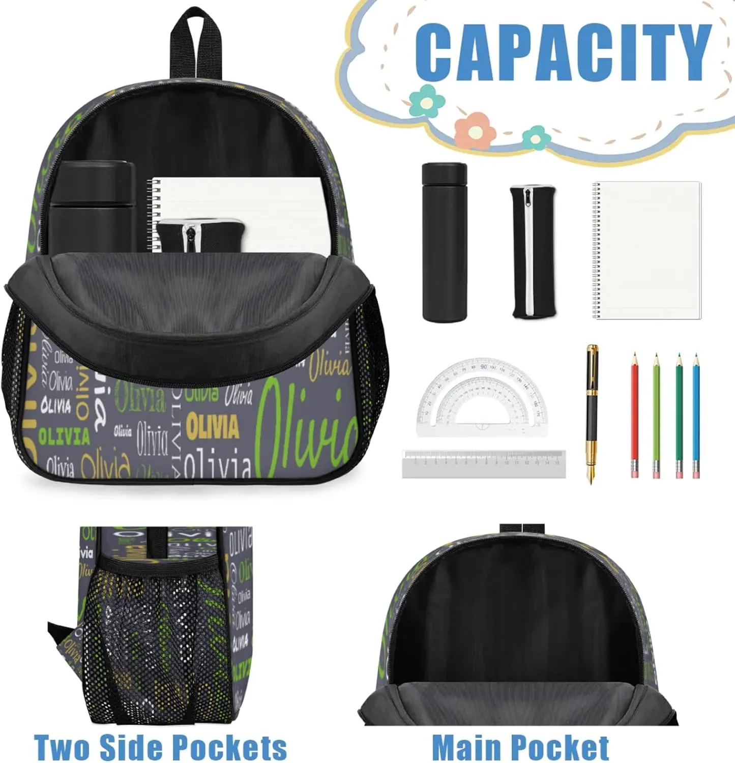 Custom Backpack Bag for Women Men, Waterproof Personalized Casual Backpacks with Name, Blue Grey Background Custom Daypack with Adjustable Shoulder Straps