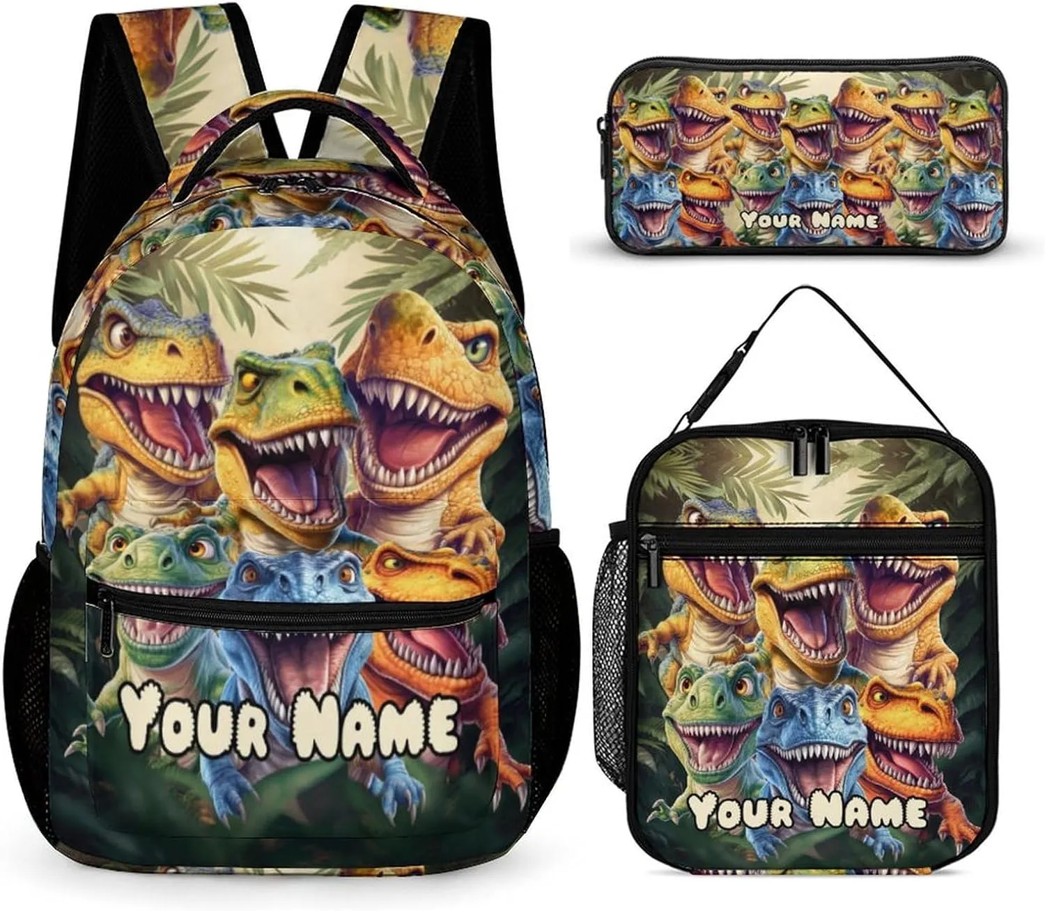 Custom Dinosaur Backpack with Lunch Box & Pencil Case, 16 Inch Cute Jurassic Dinosaurs Themed Bookbag, Adjustable Lightweight Large Capacity, Colorful Daily Casual Backpacks Set with Lunch Bag