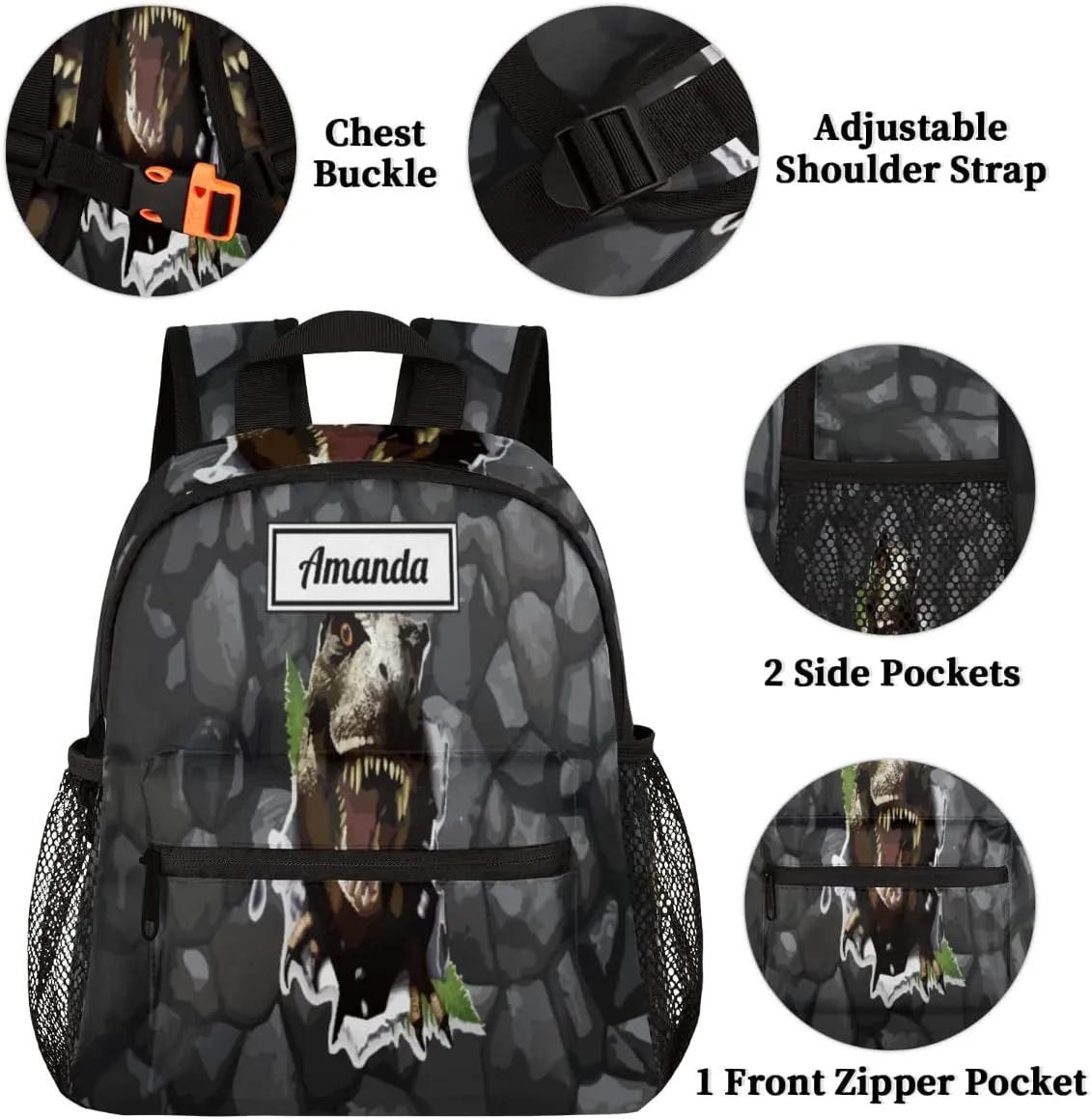 Custom Kids Name Toddler Backpack Scary Dinosaur Personalized School Bookbag for Girls Boys - 3D Dinosaur Rock