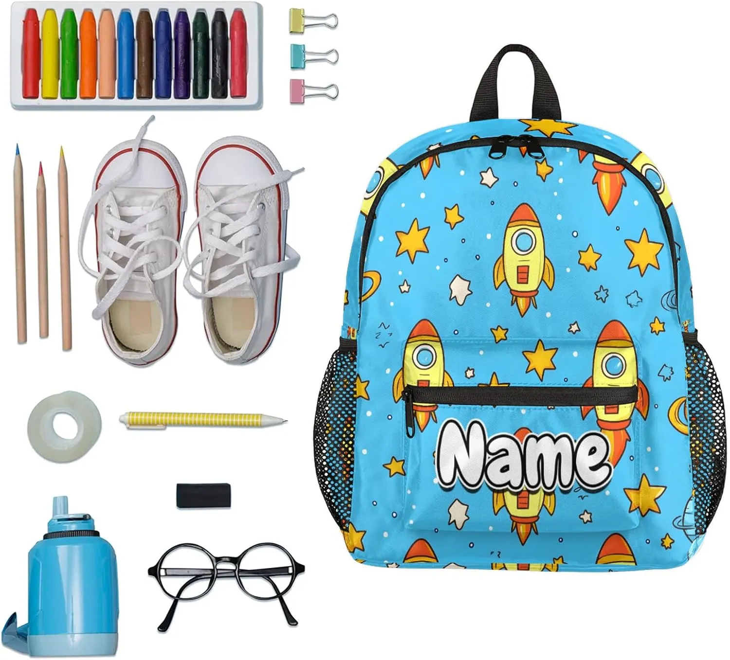 Cute Cartoon Rocket Personalized Backpack Bag with Name Lightweight Custom Shoulder Bags Waterproof Casual Backpacks Travel Laptop Bag for Work Picnic 12in