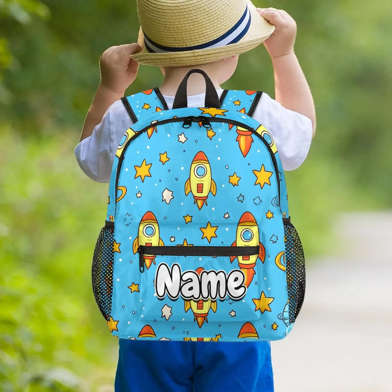 Cute Cartoon Rocket Personalized Backpack Bag with Name Lightweight Custom Shoulder Bags Waterproof Casual Backpacks Travel Laptop Bag for Work Picnic 12in