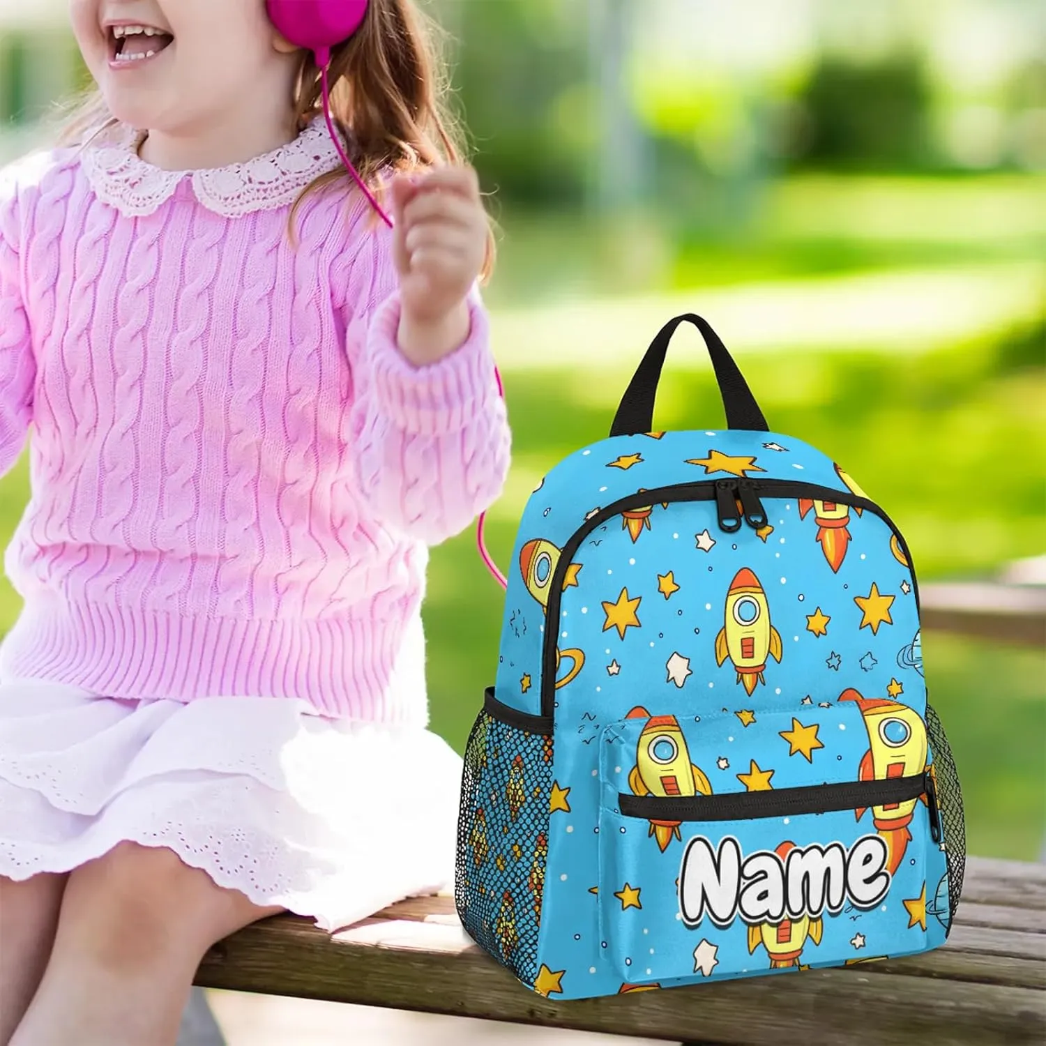 Cute Cartoon Rocket Personalized Backpack Bag with Name Lightweight Custom Shoulder Bags Waterproof Casual Backpacks Travel Laptop Bag for Work Picnic 12in