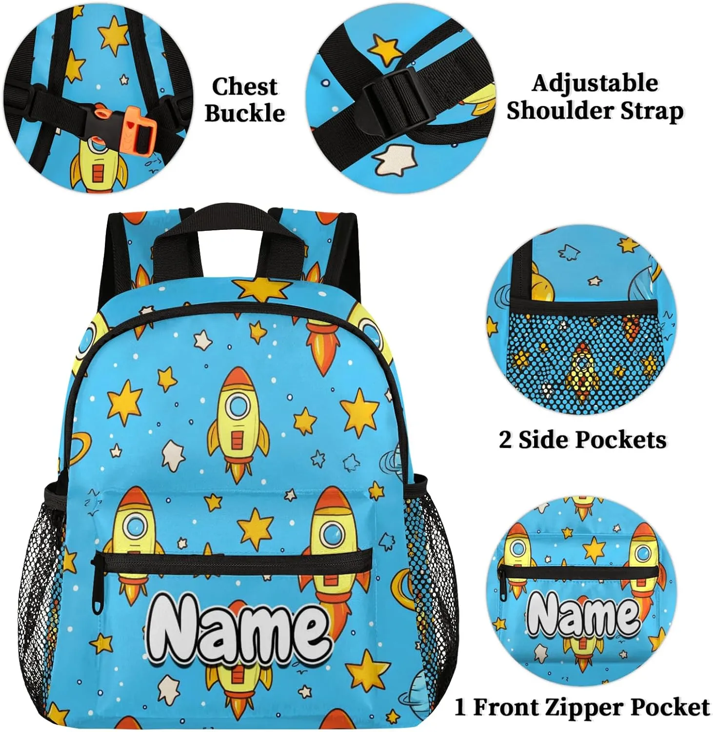 Cute Cartoon Rocket Personalized Backpack Bag with Name Lightweight Custom Shoulder Bags Waterproof Casual Backpacks Travel Laptop Bag for Work Picnic 12in