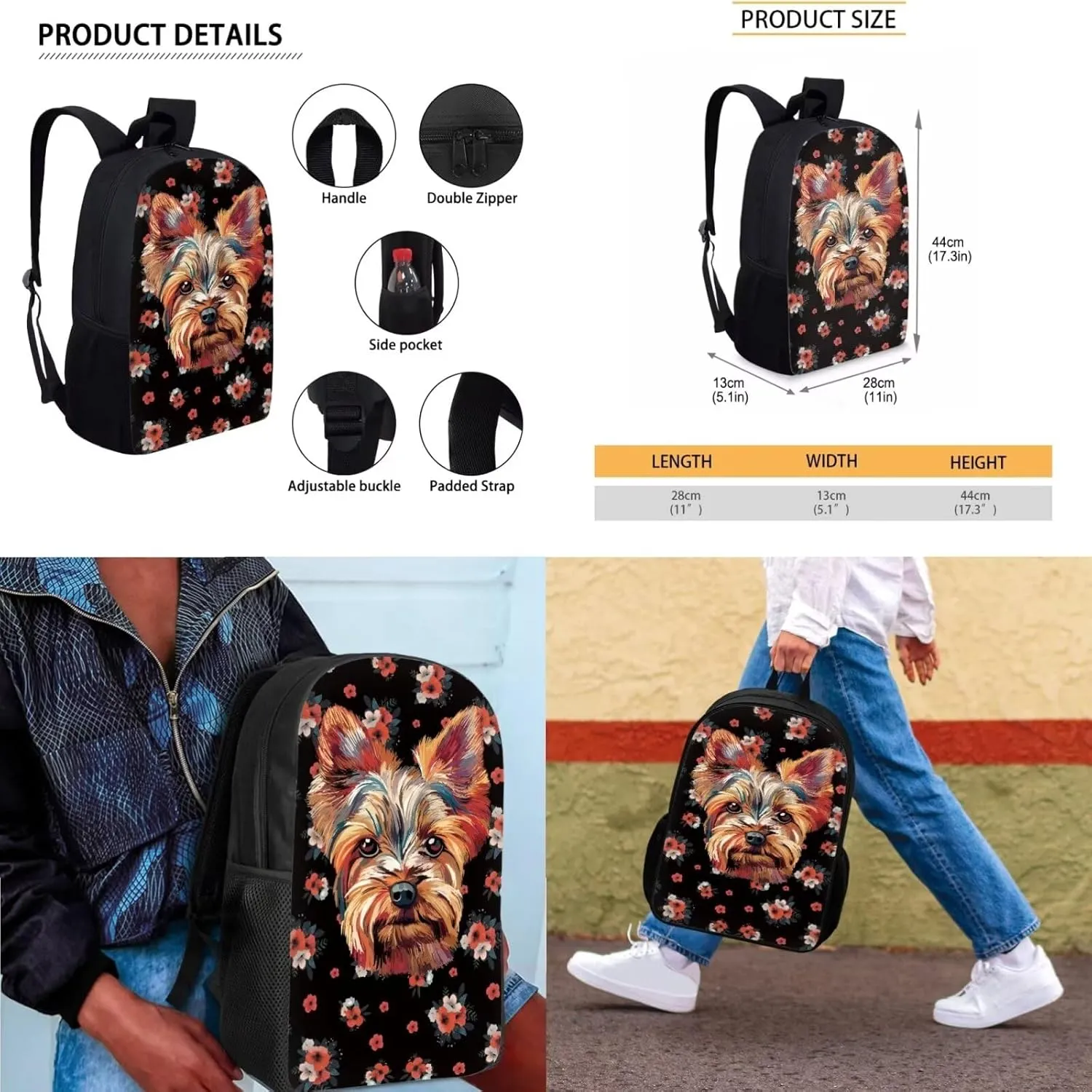 Cute Dog Floral Little Girl Backpack with Adjustable Strap 3Pcs Kids School Backpack Spill Resistant Lunch Handbag Zipper Pencil Case Waterproof Book Shoulder Bag for High School