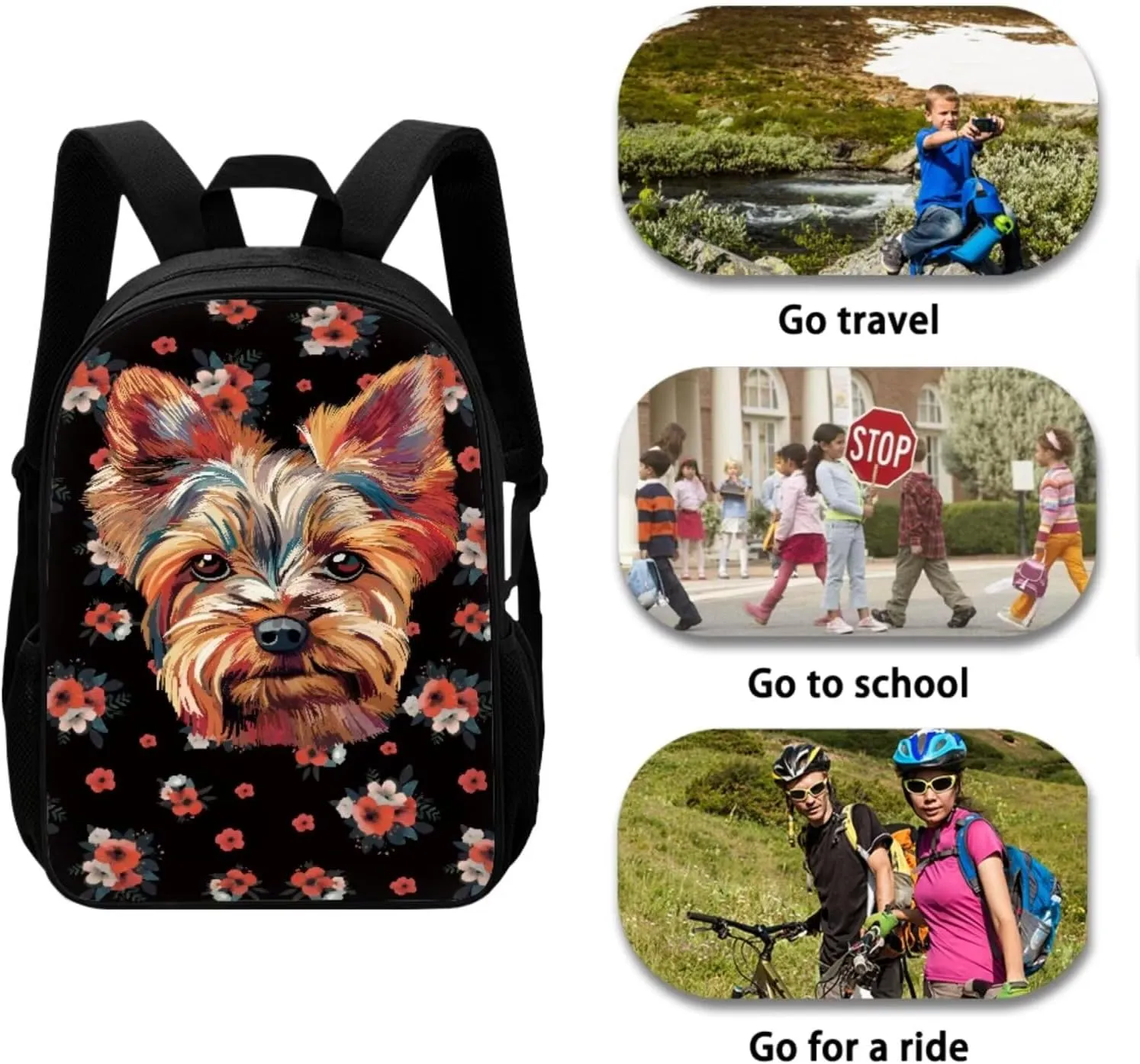 Cute Dog Floral Little Girl Backpack with Adjustable Strap 3Pcs Kids School Backpack Spill Resistant Lunch Handbag Zipper Pencil Case Waterproof Book Shoulder Bag for High School