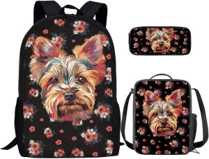 Cute Dog Floral Little Girl Backpack with Adjustable Strap 3Pcs Kids School Backpack Spill Resistant Lunch Handbag Zipper Pencil Case Waterproof Book Shoulder Bag for High School