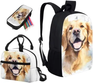 Cute Golden Retriever Dog 3 in 1 Teens School Bag Watercolor Golden Retriever Puppy Casual Backpacks for Student Boys Girls Cute Animal Bookbag Insulated Lunch Bag Pencil Case