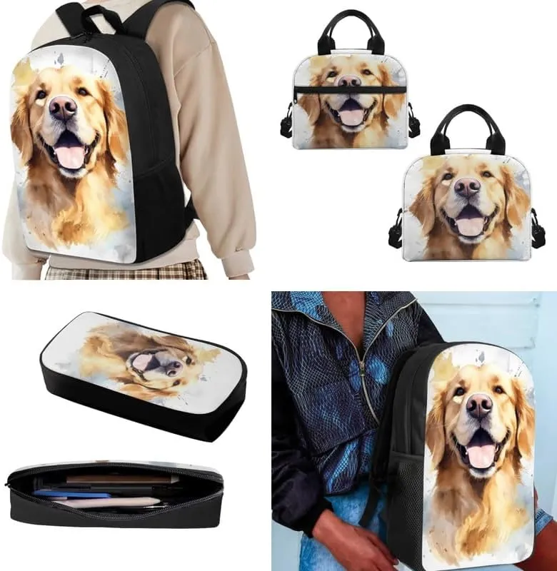 Cute Golden Retriever Dog 3 in 1 Teens School Bag Watercolor Golden Retriever Puppy Casual Backpacks for Student Boys Girls Cute Animal Bookbag Insulated Lunch Bag Pencil Case