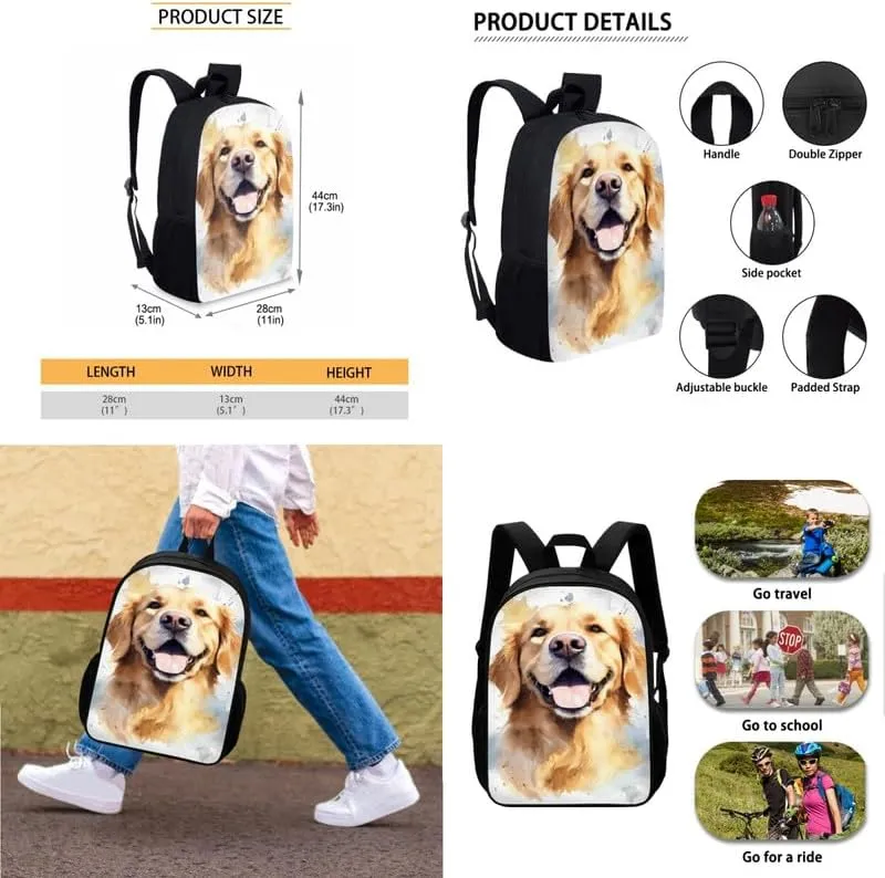 Cute Golden Retriever Dog 3 in 1 Teens School Bag Watercolor Golden Retriever Puppy Casual Backpacks for Student Boys Girls Cute Animal Bookbag Insulated Lunch Bag Pencil Case