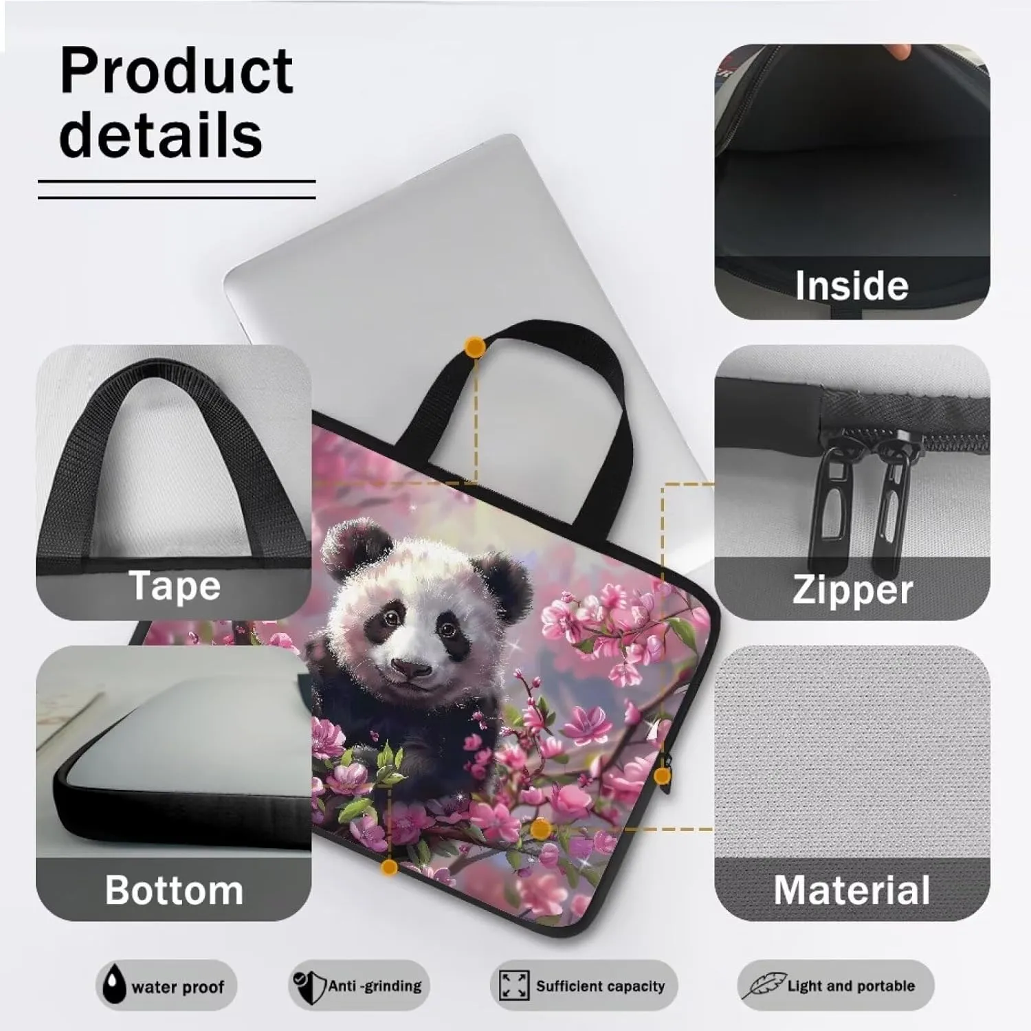 Cute Panda Flowers Pattern Laptop Bag 10-17 Inch Laptop Case Computer Carrying Case Laptop Sleeve Bag for Girl Women(Pink)