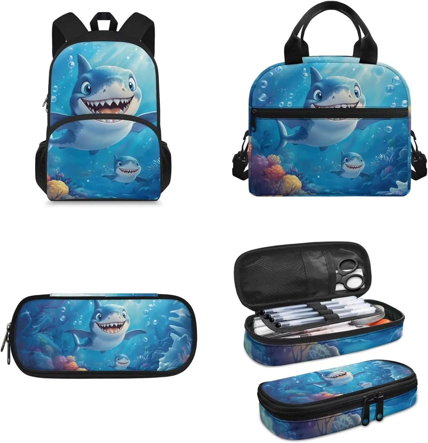 Cute Shark Kids School Backpack,15" Cartoon Schoolbag 3 Piece Lightweight Ruggedly Reinforced Shoulder Book Bag for Boys Large Capacity Back to School Children Supplies Birthday