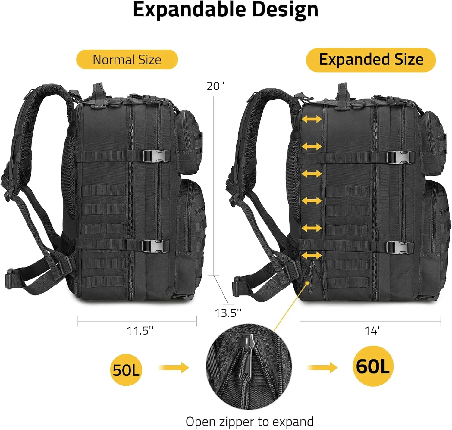 CVLIFE 60L-50L Large Tactical Backpack for Men, Heavy Duty Bug out Bag, Expandable Molle Military Backpack, Army Assault Pack, Black