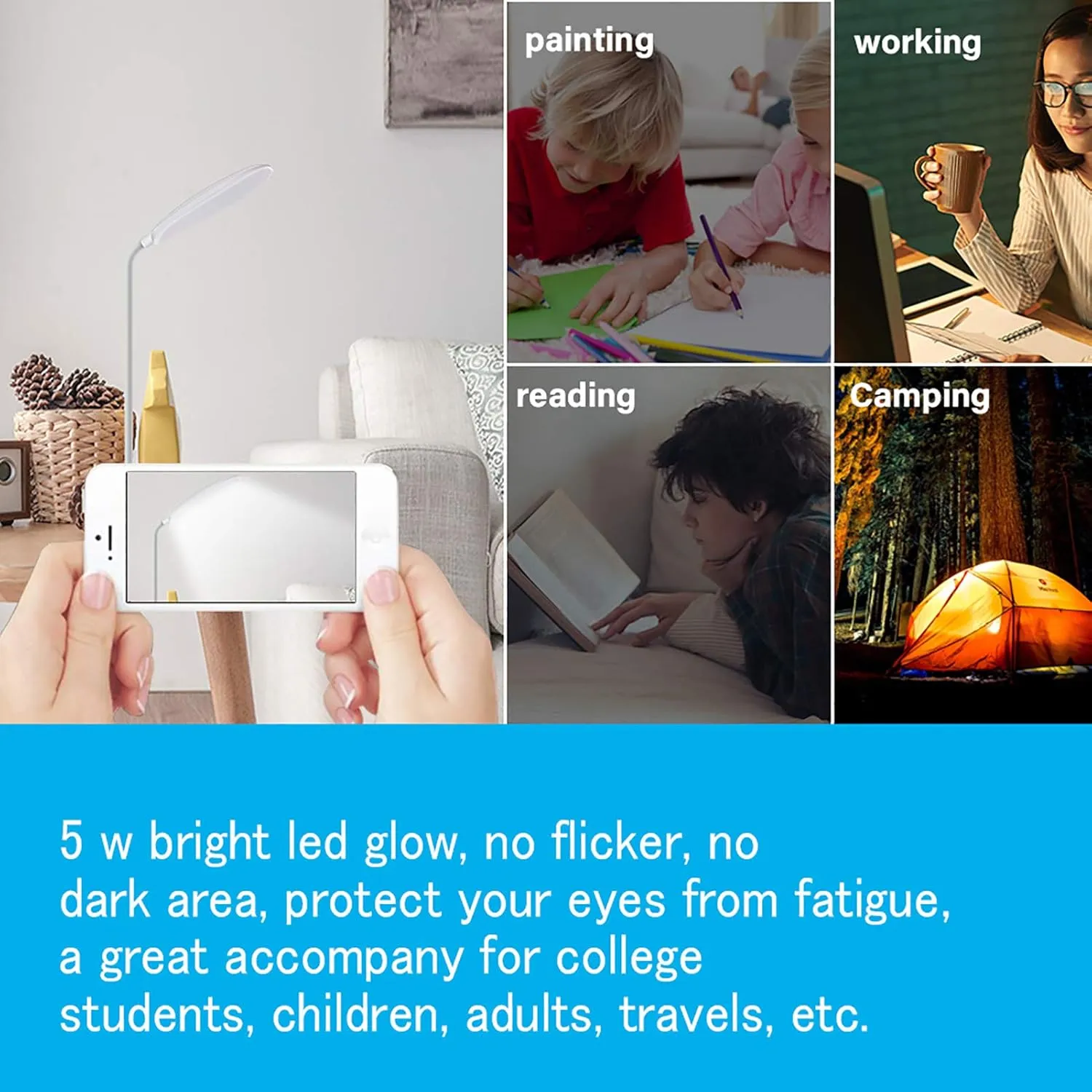 DEEPLITE LED Desk Lamp with Flexible Gooseneck 3 Level Brightness, Battery Operated Table Lamp 5W Touch Control,Compact Portable lamp for Dorm Study Office Bedroom,Eye-Caring and Energy Saving