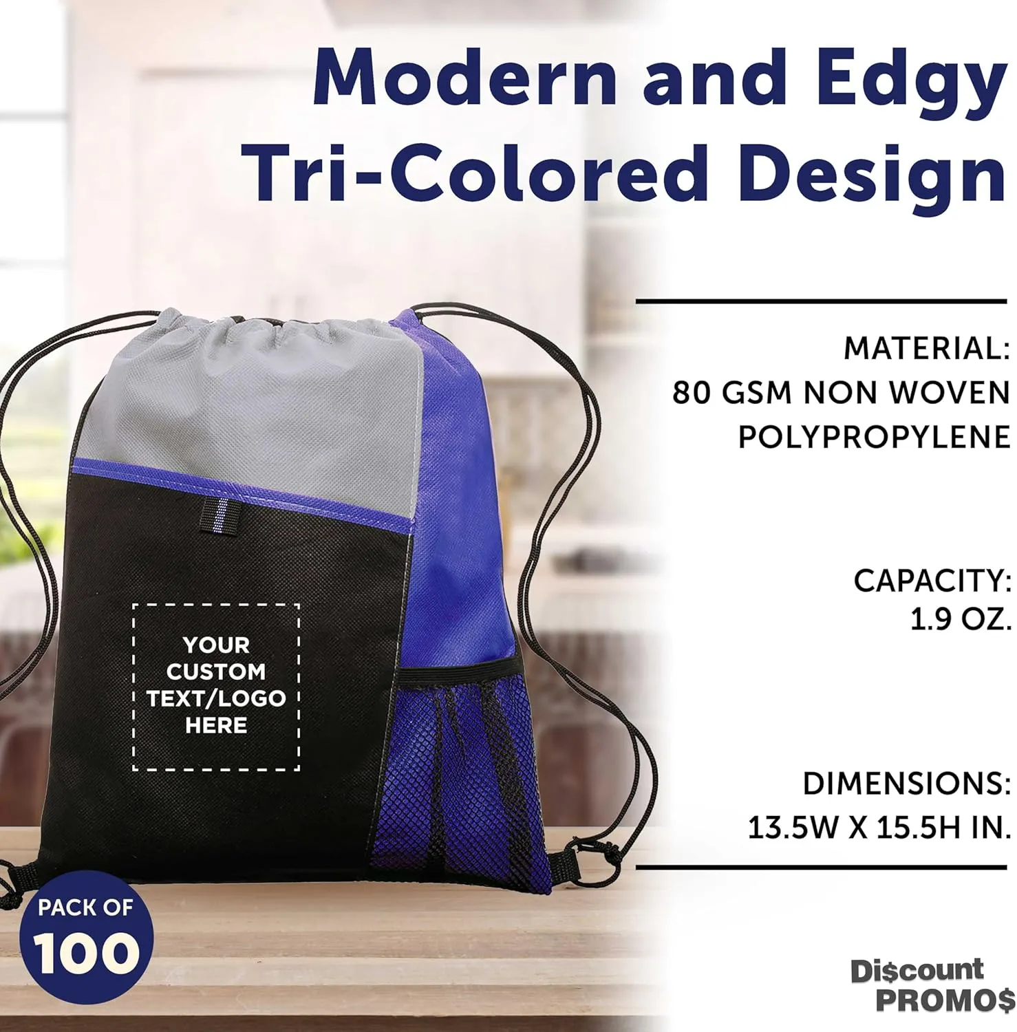DISCOUNT PROMOS 100 Mesh Pocket Drawstring Backpacks Set - Customizable Text, Logo - Durable, Multicolor, Black Straps - Blue