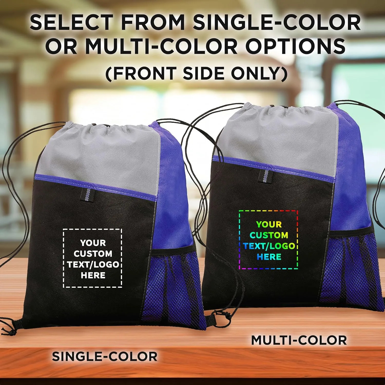 DISCOUNT PROMOS 100 Mesh Pocket Drawstring Backpacks Set - Customizable Text, Logo - Durable, Multicolor, Black Straps - Blue