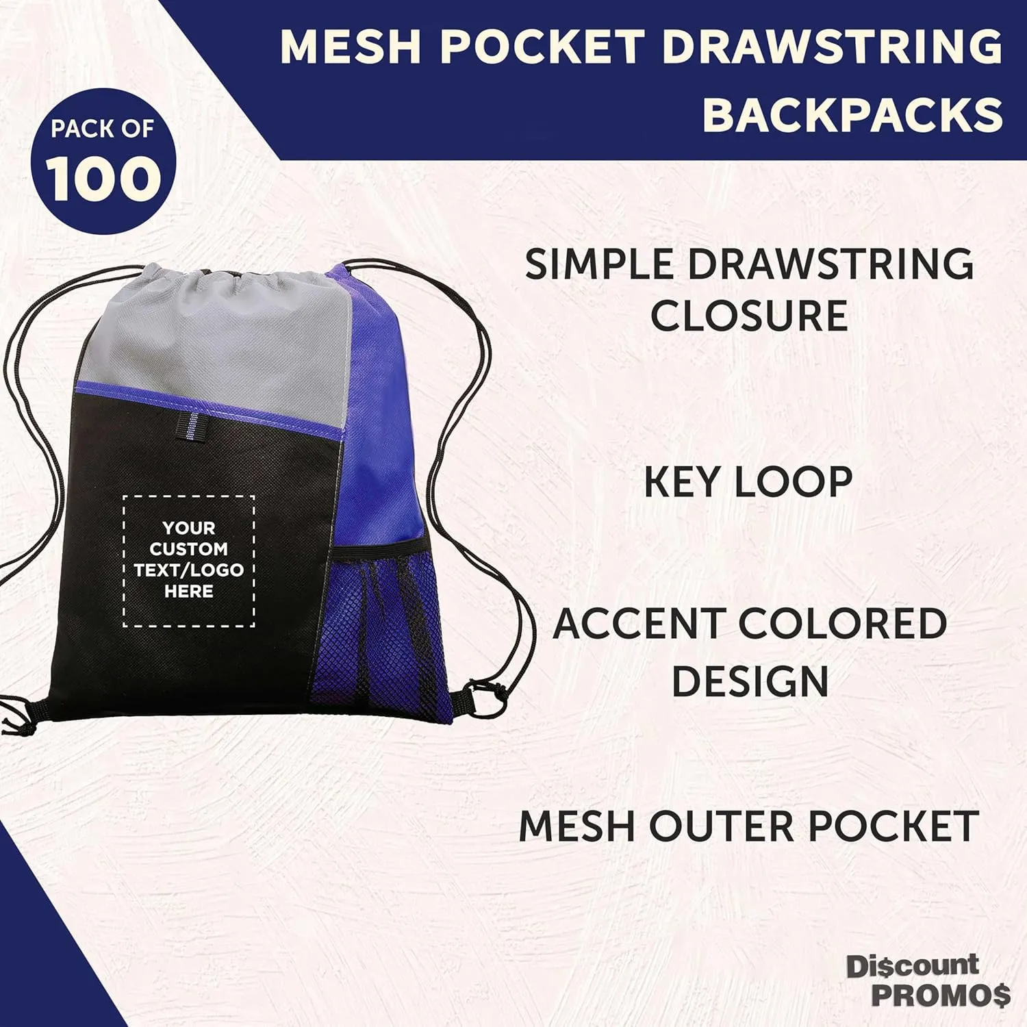 DISCOUNT PROMOS 100 Mesh Pocket Drawstring Backpacks Set - Customizable Text, Logo - Durable, Multicolor, Black Straps - Blue