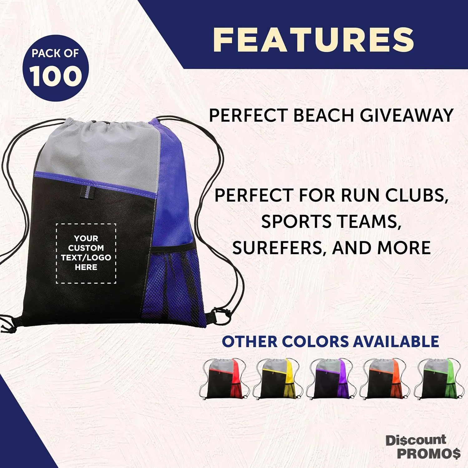 DISCOUNT PROMOS 100 Mesh Pocket Drawstring Backpacks Set - Customizable Text, Logo - Durable, Multicolor, Black Straps - Blue