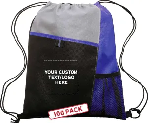 DISCOUNT PROMOS 100 Mesh Pocket Drawstring Backpacks Set - Customizable Text, Logo - Durable, Multicolor, Black Straps - Blue