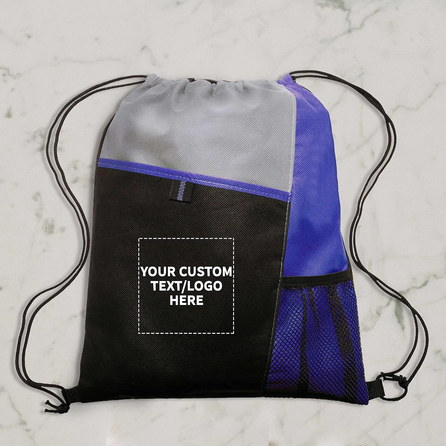 DISCOUNT PROMOS 100 Mesh Pocket Drawstring Backpacks Set - Customizable Text, Logo - Durable, Multicolor, Black Straps - Blue