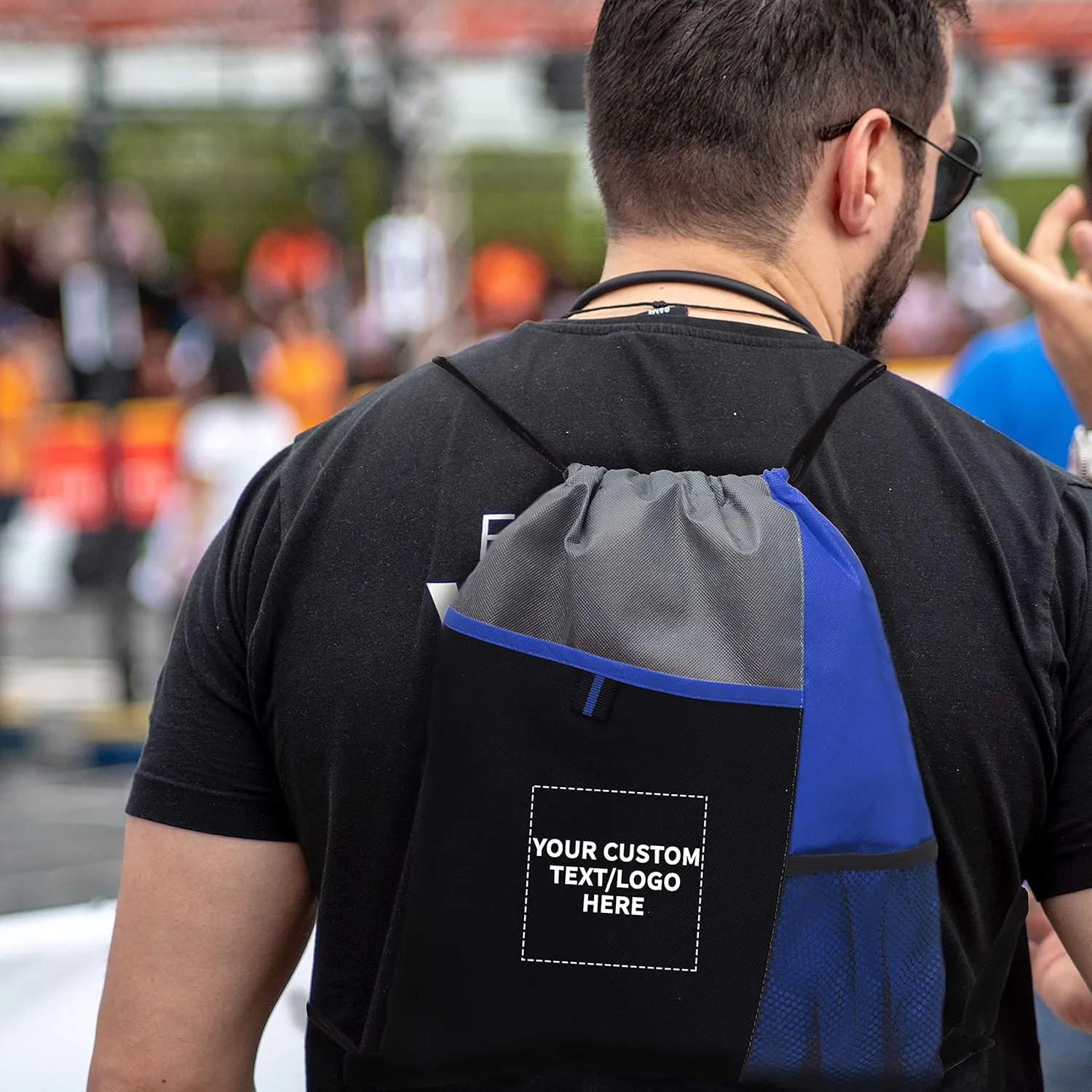 DISCOUNT PROMOS 100 Mesh Pocket Drawstring Backpacks Set - Customizable Text, Logo - Durable, Multicolor, Black Straps - Blue