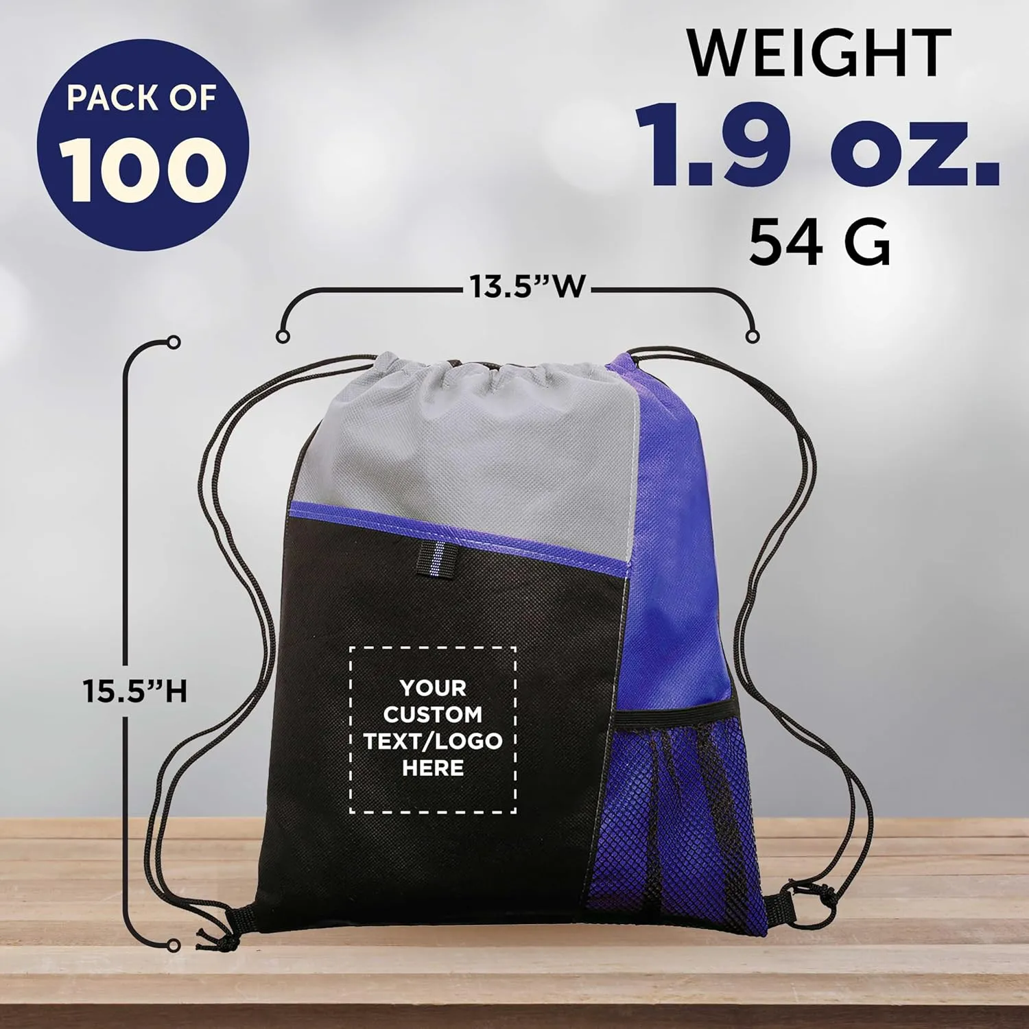 DISCOUNT PROMOS 100 Mesh Pocket Drawstring Backpacks Set - Customizable Text, Logo - Durable, Multicolor, Black Straps - Blue