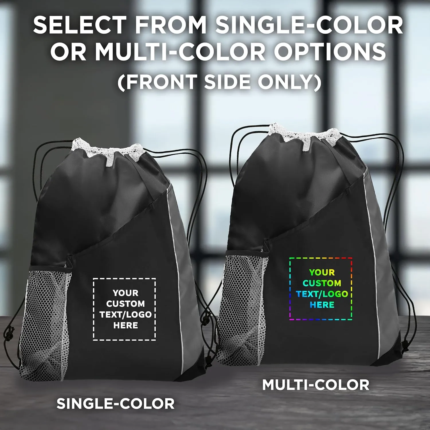 DISCOUNT PROMOS 100 Side Mesh Pockets Drawstring Backpacks Set - Customizable Text, Logo - Tri Color, Front Pocket, Side Mesh - Black