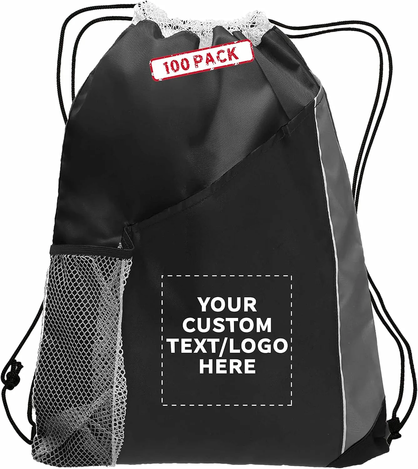 DISCOUNT PROMOS 100 Side Mesh Pockets Drawstring Backpacks Set - Customizable Text, Logo - Tri Color, Front Pocket, Side Mesh - Black