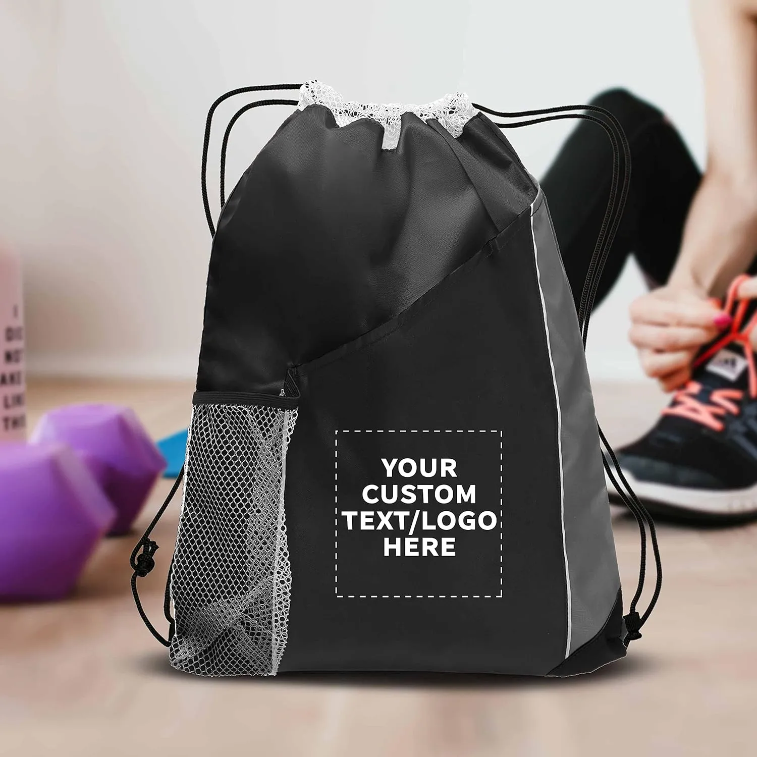DISCOUNT PROMOS 100 Side Mesh Pockets Drawstring Backpacks Set - Customizable Text, Logo - Tri Color, Front Pocket, Side Mesh - Black