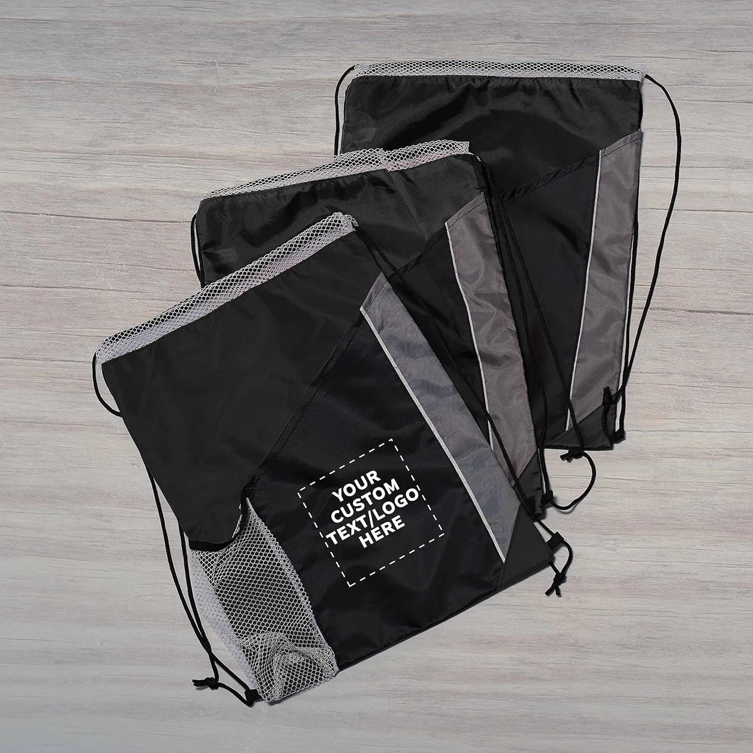 DISCOUNT PROMOS 100 Side Mesh Pockets Drawstring Backpacks Set - Customizable Text, Logo - Tri Color, Front Pocket, Side Mesh - Black