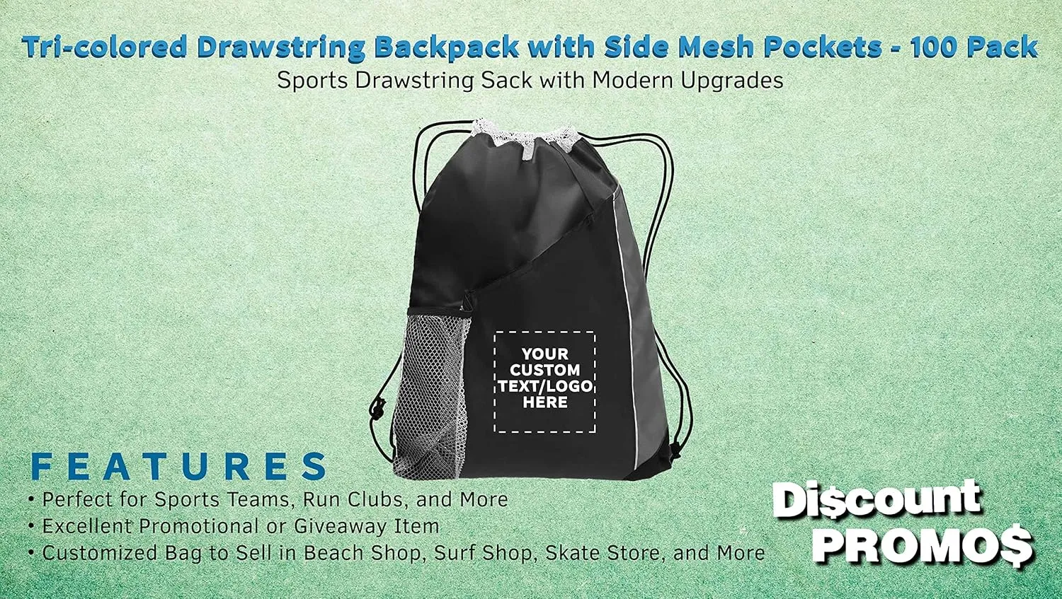 DISCOUNT PROMOS 100 Side Mesh Pockets Drawstring Backpacks Set - Customizable Text, Logo - Tri Color, Front Pocket, Side Mesh - Black