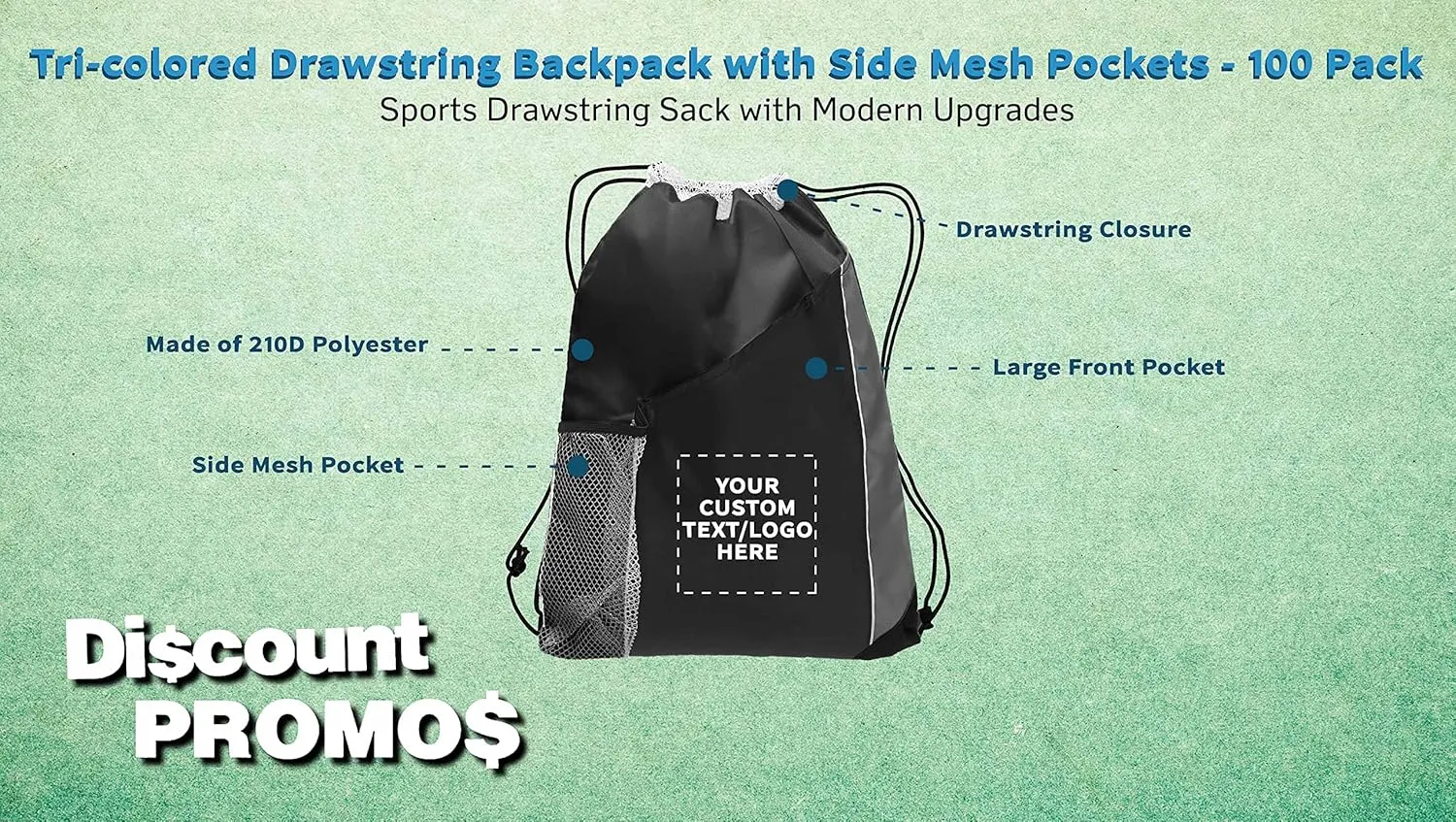 DISCOUNT PROMOS 100 Side Mesh Pockets Drawstring Backpacks Set - Customizable Text, Logo - Tri Color, Front Pocket, Side Mesh - Black