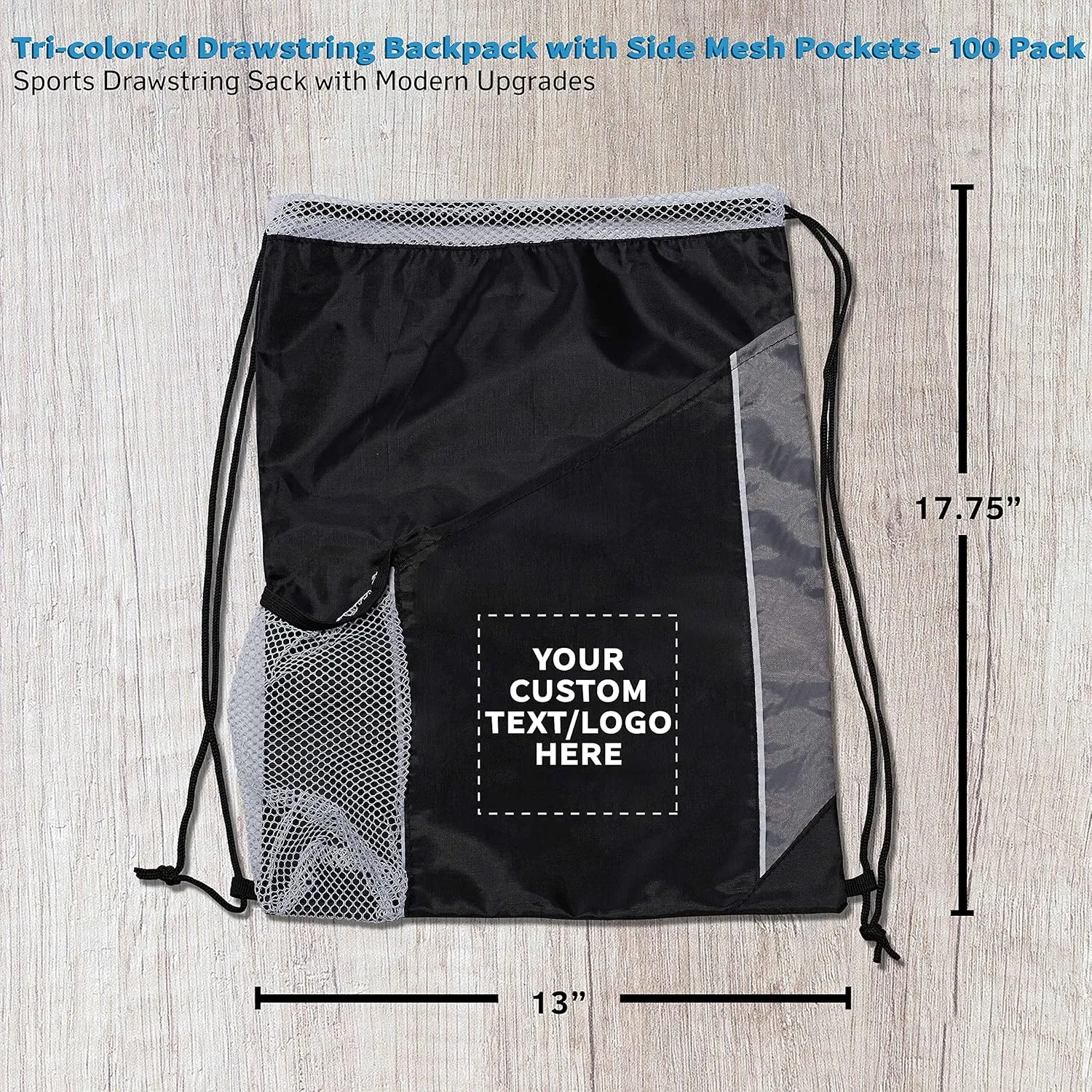 DISCOUNT PROMOS 100 Side Mesh Pockets Drawstring Backpacks Set - Customizable Text, Logo - Tri Color, Front Pocket, Side Mesh - Black