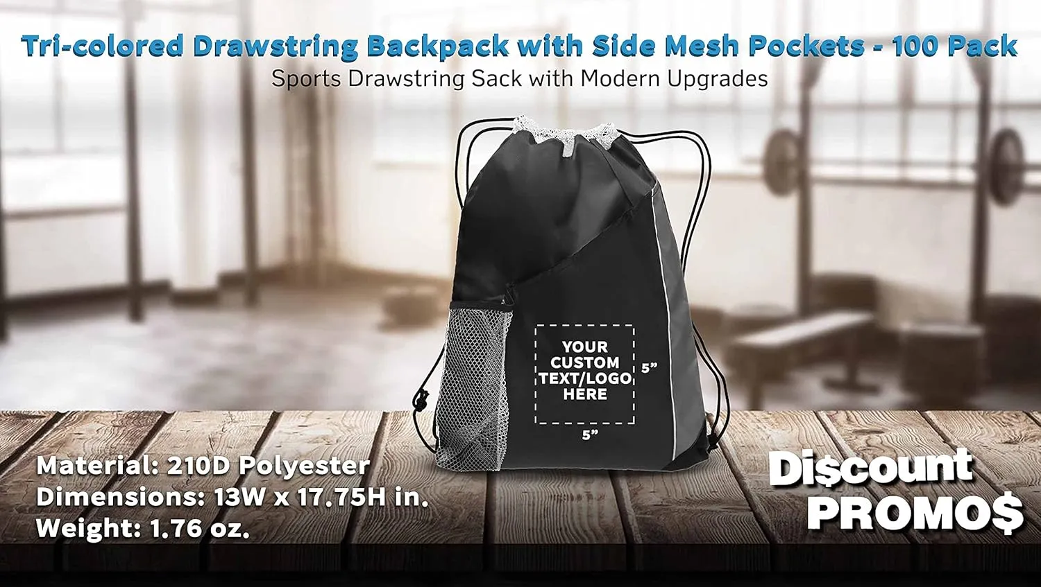 DISCOUNT PROMOS 100 Side Mesh Pockets Drawstring Backpacks Set - Customizable Text, Logo - Tri Color, Front Pocket, Side Mesh - Black