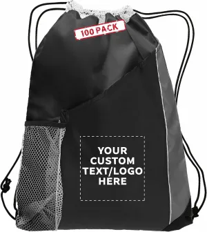 DISCOUNT PROMOS 100 Side Mesh Pockets Drawstring Backpacks Set - Customizable Text, Logo - Tri Color, Front Pocket, Side Mesh - Black